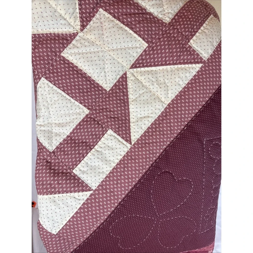 Handmade Patchwork Quilt Burgundy Floral Paisley Heart Stitched Farmhouse Rustic